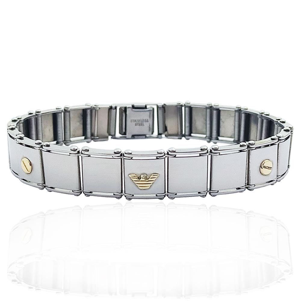 Bracciale in acciaio lucido cm 20 con maglia a binario mm 11 e applicazioni in oro giallo 18k aquila reale e borchie